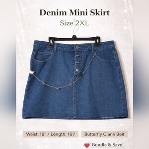 Denim Mini Skirt Button Front Butterfly Chain Belt Size 2XL